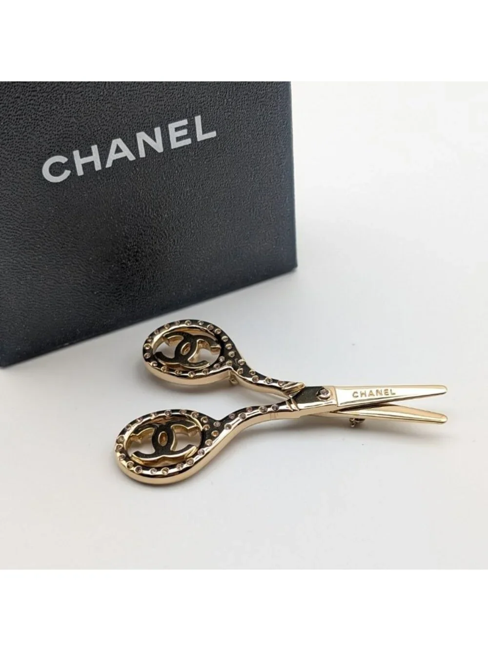 Chanel Brooch CC Logo Scissors Gold Rhinestone